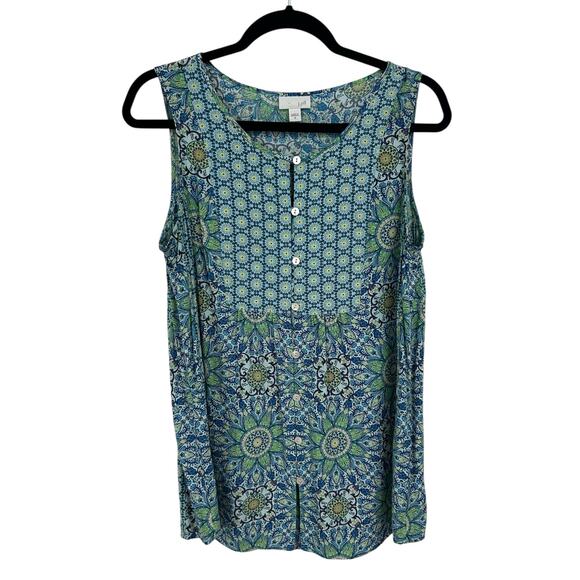 J. Jill Blue Blue Green Floral Print Button Front Sleeveless Top Womens Medium - Picture 1 of 5